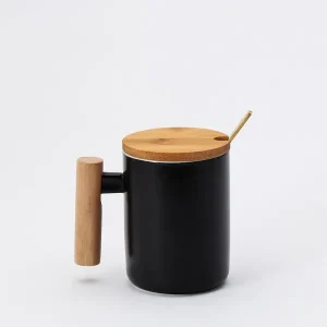 Creative Ceramic Mug with Wooden Handle 380ml – Black